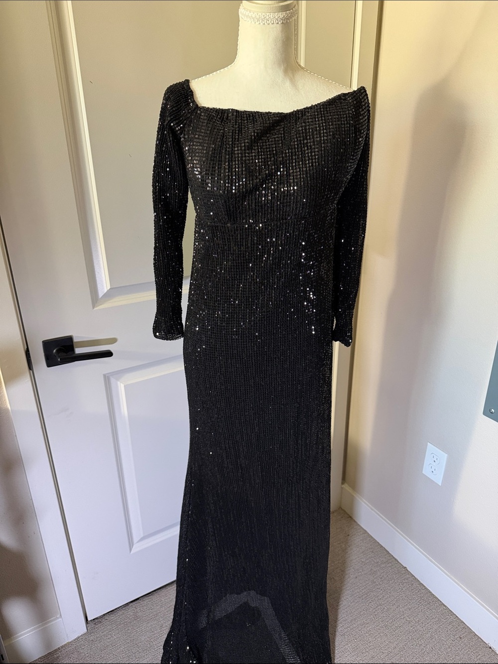 Black Long-Sleeve Sequin Evening Gown